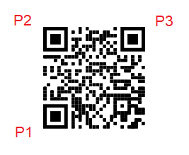 Image showing an standard QR code, which has three of its corners marked. From the not marked corner and clockwise, the other corners are numbered as p1, p2 and p3.